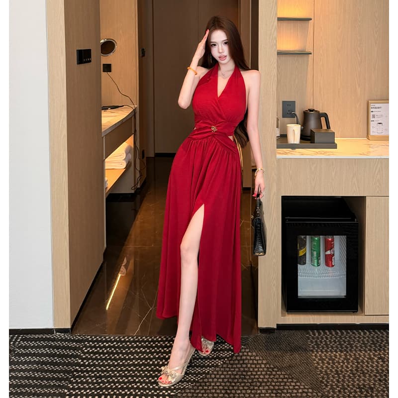 실사 매료 조기 여름 품격 핫걸 홀로우 아웃 허리 수축 행침 목 드레스 섹시함 V넥 빨간색 예복 치마 이미지 3