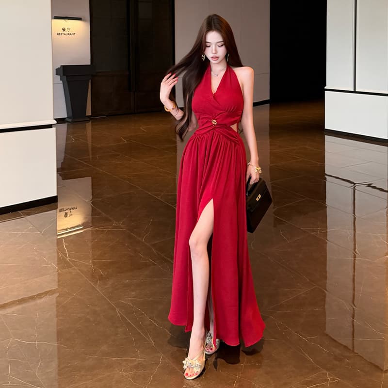 실사 매료 조기 여름 품격 핫걸 홀로우 아웃 허리 수축 행침 목 드레스 섹시함 V넥 빨간색 예복 치마
