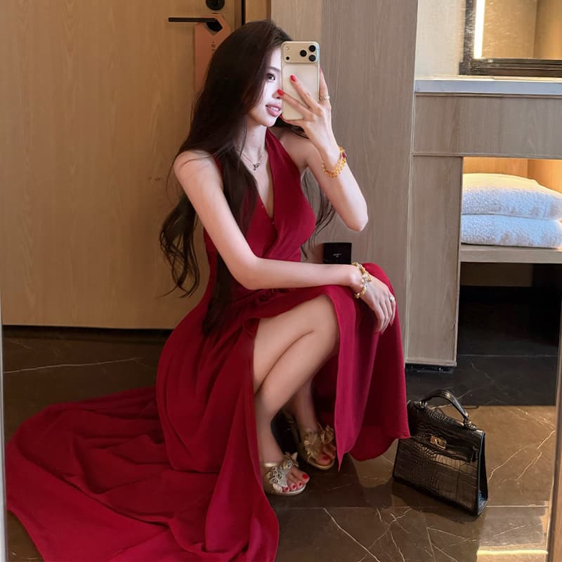 실사 매료 조기 여름 품격 핫걸 홀로우 아웃 허리 수축 행침 목 드레스 섹시함 V넥 빨간색 예복 치마 이미지 4