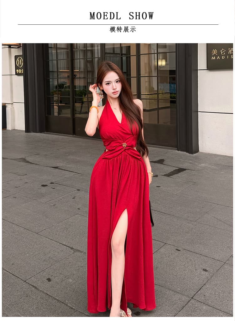 실사 매료 조기 여름 품격 핫걸 홀로우 아웃 허리 수축 행침 목 드레스 섹시함 V넥 빨간색 예복 치마 상세 이미지 5