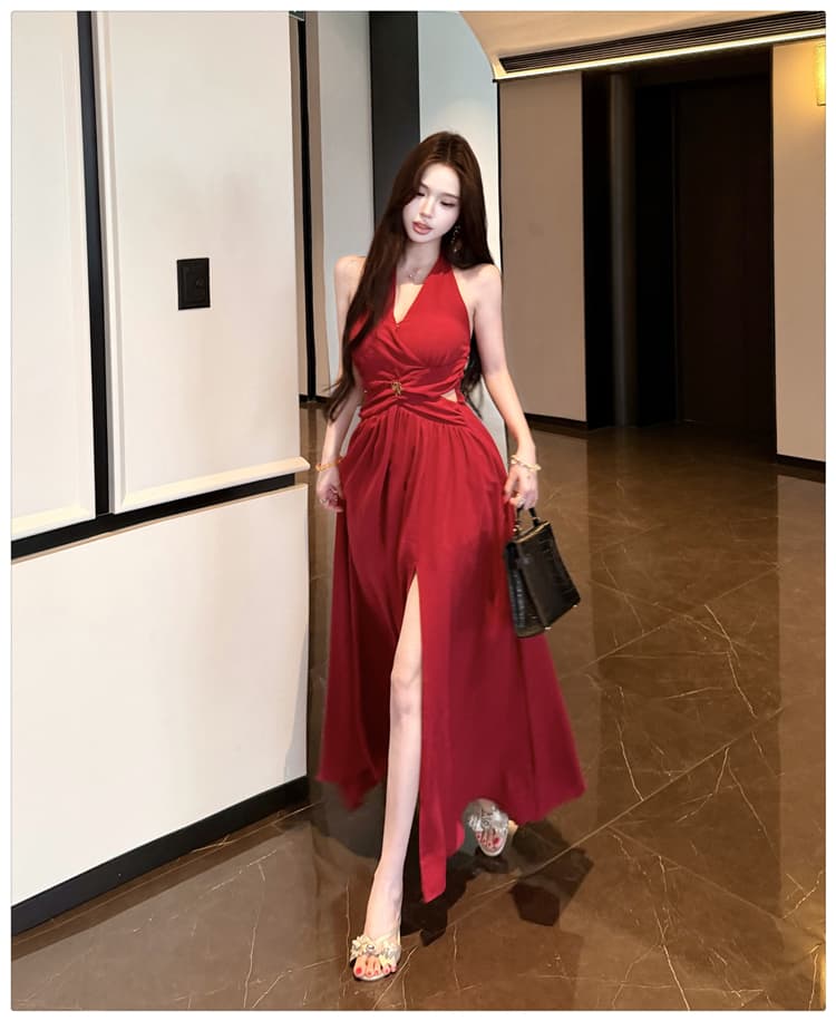 실사 매료 조기 여름 품격 핫걸 홀로우 아웃 허리 수축 행침 목 드레스 섹시함 V넥 빨간색 예복 치마 상세 이미지 8