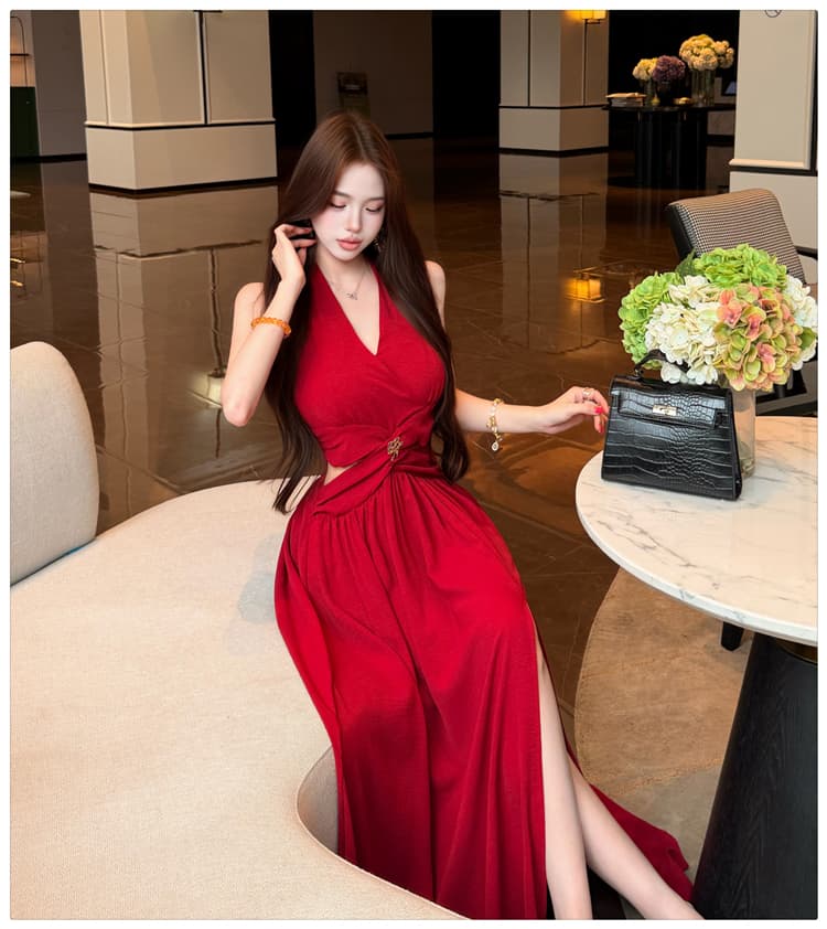 실사 매료 조기 여름 품격 핫걸 홀로우 아웃 허리 수축 행침 목 드레스 섹시함 V넥 빨간색 예복 치마 상세 이미지 14