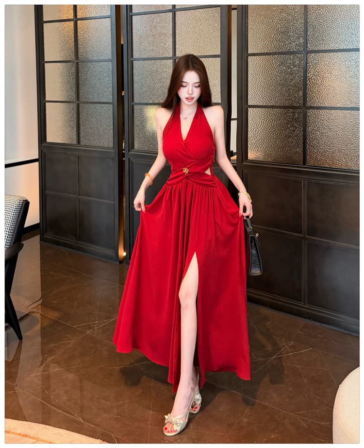 실사 매료 조기 여름 품격 핫걸 홀로우 아웃 허리 수축 행침 목 드레스 섹시함 V넥 빨간색 예복 치마 상세 이미지 17