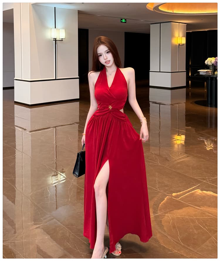 실사 매료 조기 여름 품격 핫걸 홀로우 아웃 허리 수축 행침 목 드레스 섹시함 V넥 빨간색 예복 치마 상세 이미지 21