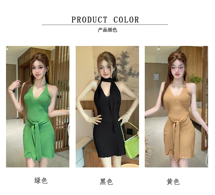실사 녹색 리본 백리스 V넥 행침 목 여성 드레스 여름 몸매 가꾸기 니트 원피스 순수한 욕망 허리 수축 타이트 스커트 미니 스커트 상세 이미지 5
