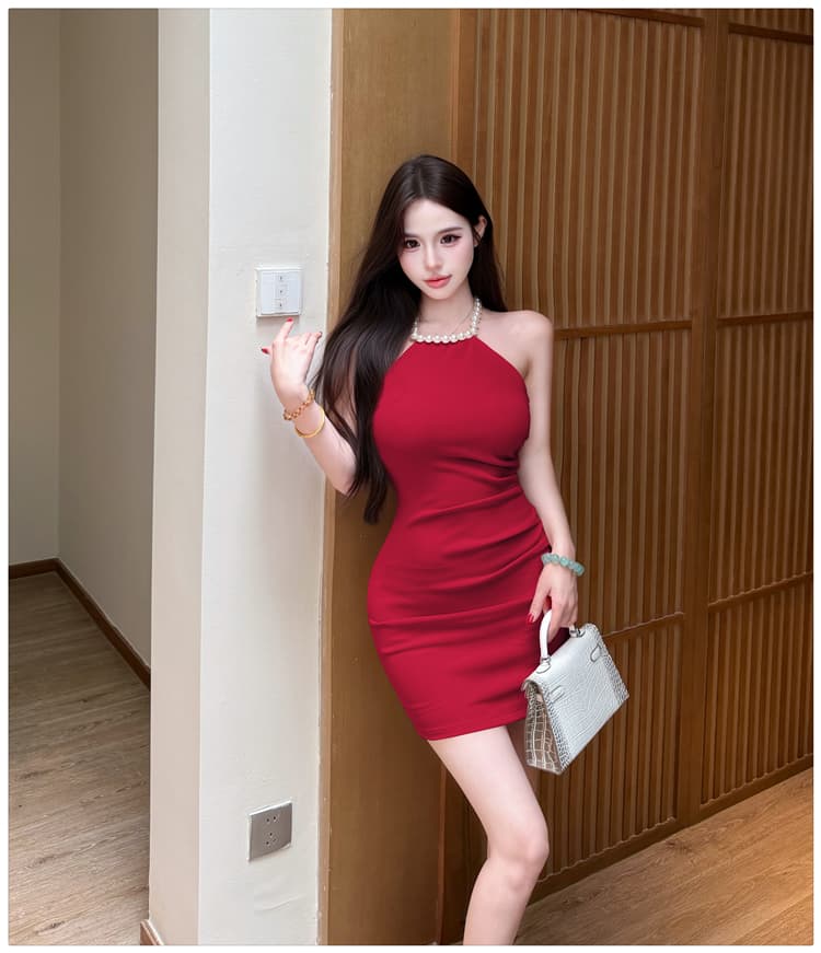 실사 고급 센스 품격 진주 행침 목 여성 드레스 여름 섹시함 오프숄더 주름 장식 허리 수축 슬림해 보이는 타이트 스커트 상세 이미지 33