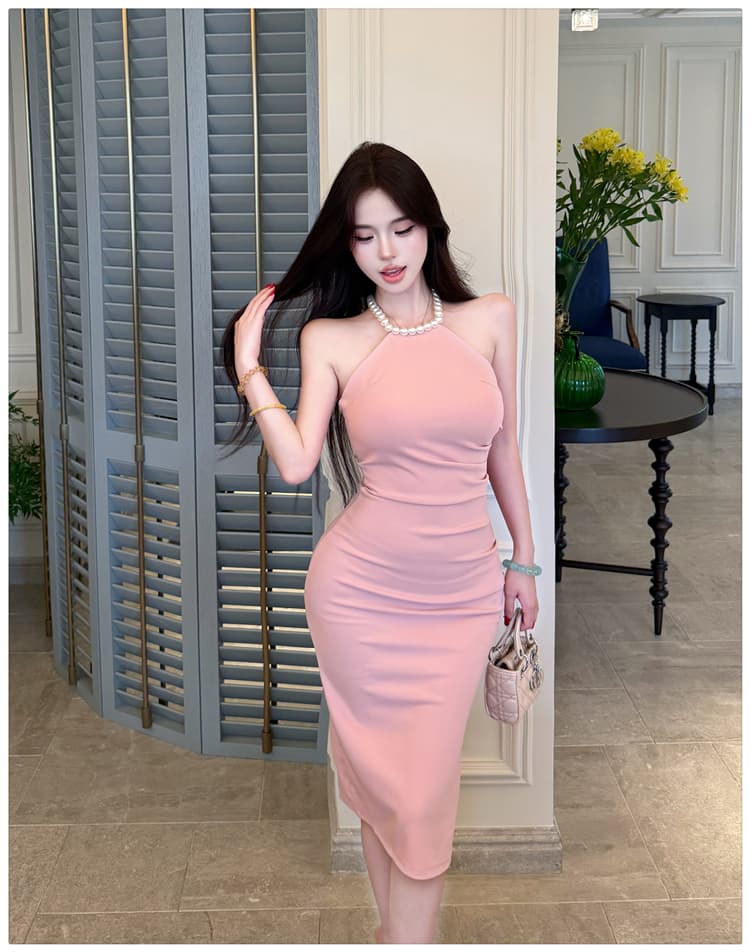 실사 프랑스식 우아함 품격 몸매 가꾸기 섹시함 진주 행침 목 하이웨이스트 슬림해 보이는 타이트 스커트 트임 여성 드레스 여름 상세 이미지 19