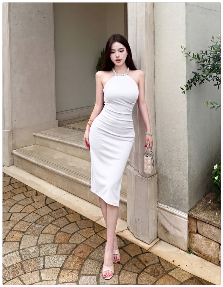 실사 프랑스식 우아함 품격 몸매 가꾸기 섹시함 진주 행침 목 하이웨이스트 슬림해 보이는 타이트 스커트 트임 여성 드레스 여름 상세 이미지 25
