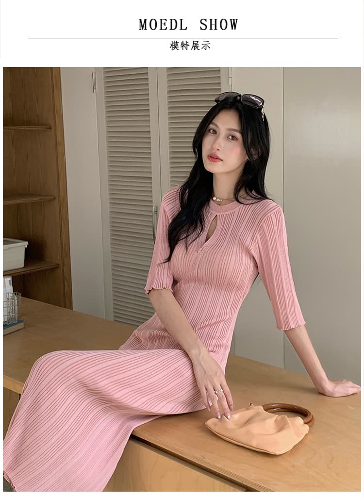 실사 프랑스식 분위기 센스 홀로우 아웃 니트 여성 드레스 여름 몸매 가꾸기 슬림해 보이는 타이트 스커트 아름다운 핫걸 트임 롱 스커트 상세 이미지 5