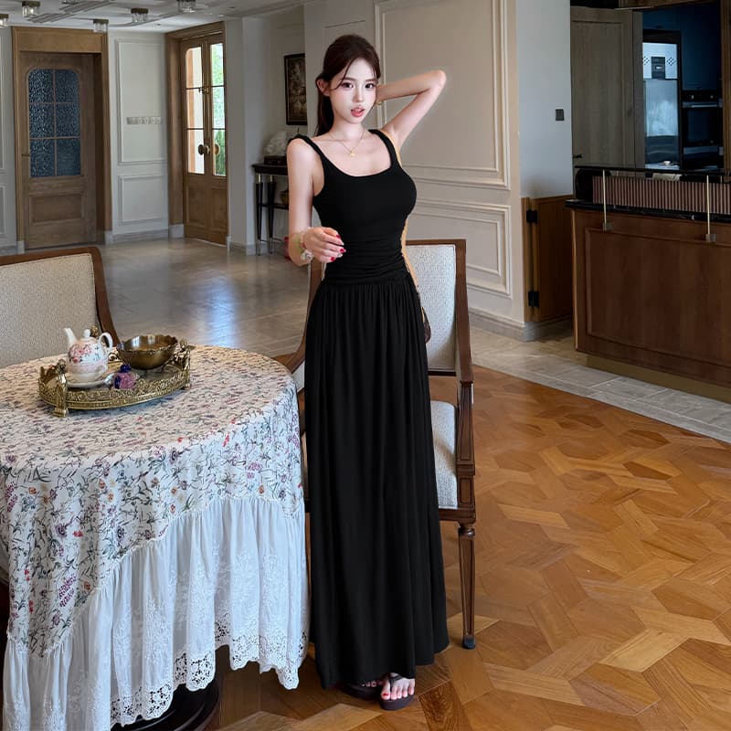 실사 레트로 품격 커피 색상 슬립 여성 드레스 여름 디자인 센스 섹시함 몸매 가꾸기 허리 수축 큰 진자 바닥 청소 롱 스커트 이미지 4