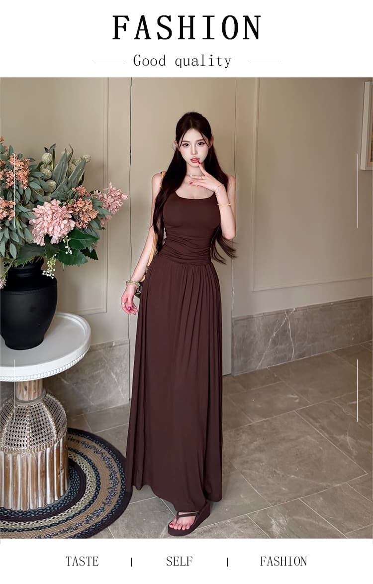 실사 레트로 품격 커피 색상 슬립 여성 드레스 여름 디자인 센스 섹시함 몸매 가꾸기 허리 수축 큰 진자 바닥 청소 롱 스커트 상세 이미지 1