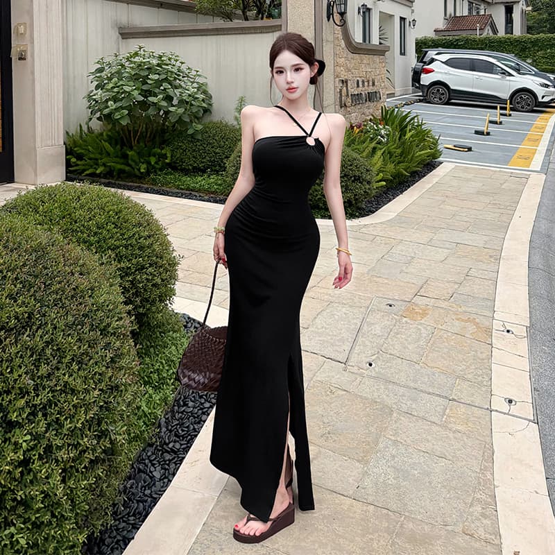 실사 프랑스식 레트로 행침 목 오프숄더 슬립 여성 드레스 여름 몸매 가꾸기 슬림해 보이는 섹시함 트임 타이트 스커트 롱 스커트 이미지 4