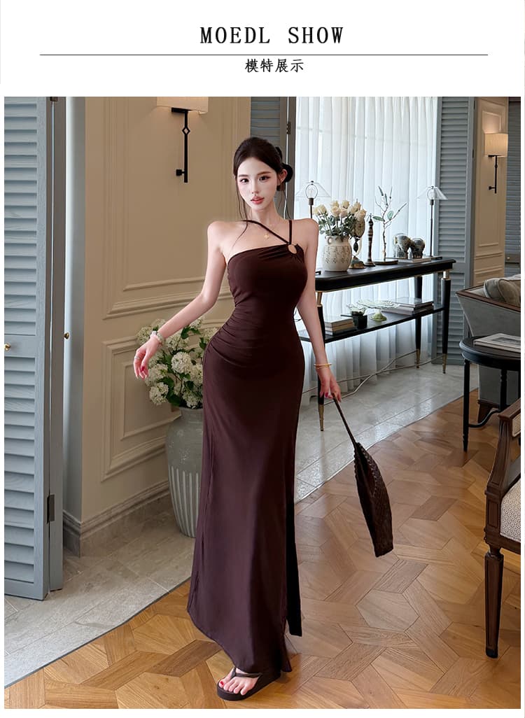 실사 프랑스식 레트로 행침 목 오프숄더 슬립 여성 드레스 여름 몸매 가꾸기 슬림해 보이는 섹시함 트임 타이트 스커트 롱 스커트 상세 이미지 6