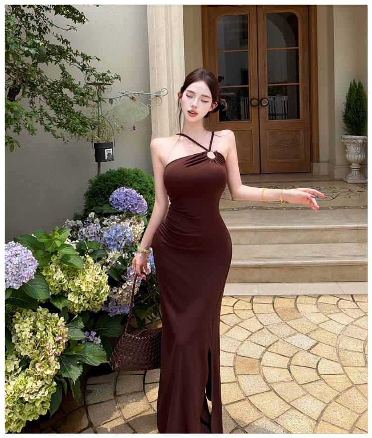 실사 프랑스식 레트로 행침 목 오프숄더 슬립 여성 드레스 여름 몸매 가꾸기 슬림해 보이는 섹시함 트임 타이트 스커트 롱 스커트 상세 이미지 8