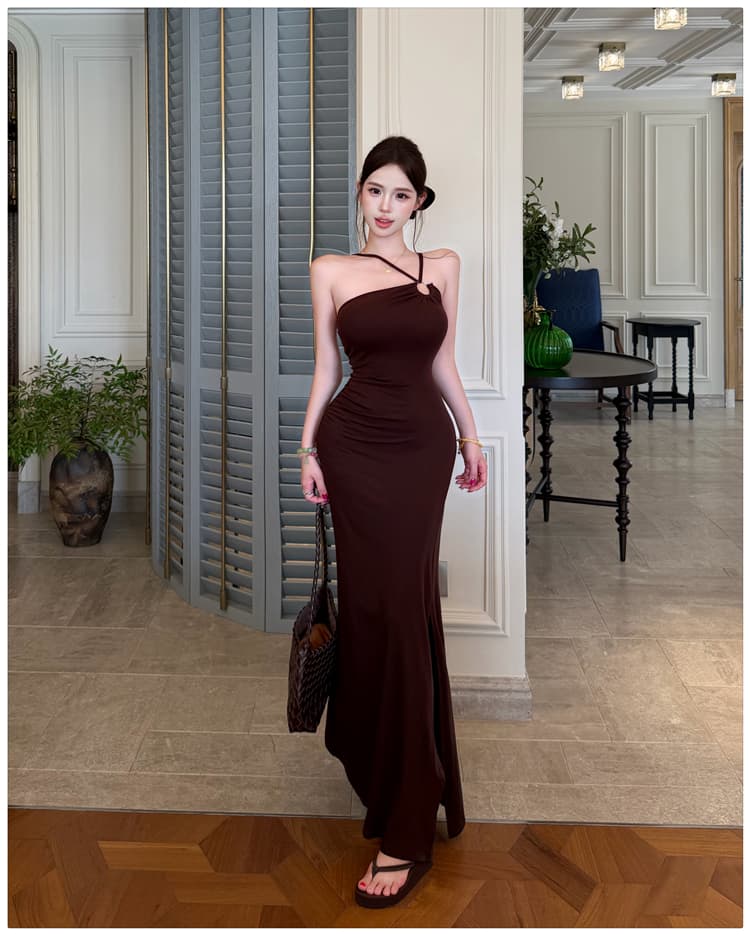 실사 프랑스식 레트로 행침 목 오프숄더 슬립 여성 드레스 여름 몸매 가꾸기 슬림해 보이는 섹시함 트임 타이트 스커트 롱 스커트 상세 이미지 16