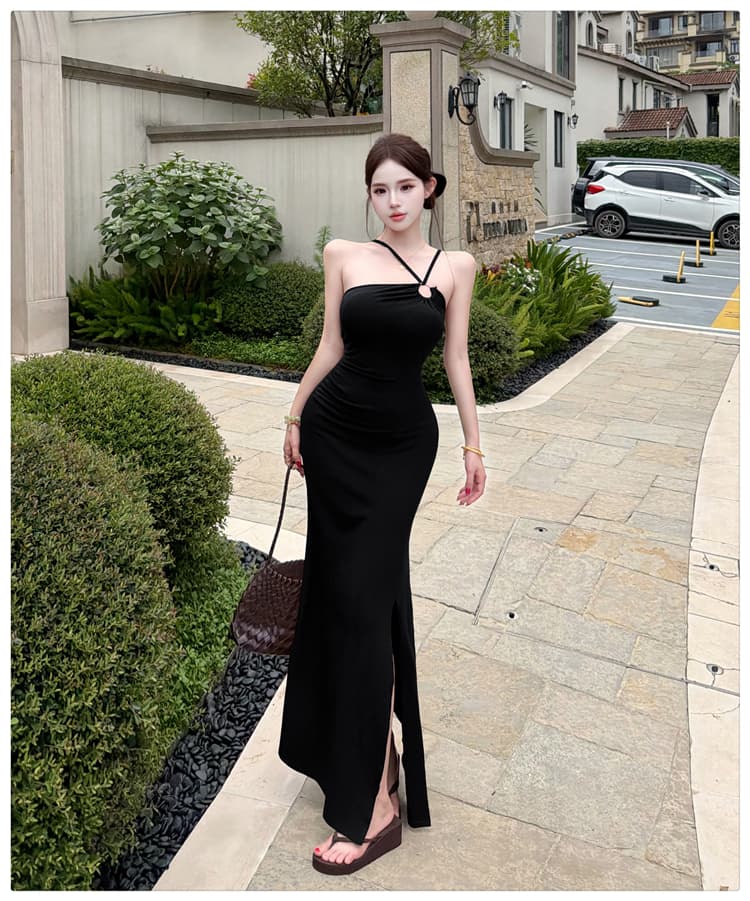 실사 프랑스식 레트로 행침 목 오프숄더 슬립 여성 드레스 여름 몸매 가꾸기 슬림해 보이는 섹시함 트임 타이트 스커트 롱 스커트 상세 이미지 23