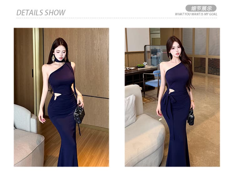 실사 품격 우아함 섹시함 비스듬한 어깨 행침 목 여성 드레스 여름 디자인 센스 리본 타이트 스커트 인어 꼬리 슬림해 보이는 롱 스커트 상세 이미지 2