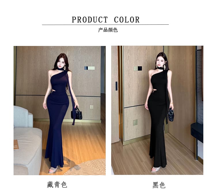 실사 품격 우아함 섹시함 비스듬한 어깨 행침 목 여성 드레스 여름 디자인 센스 리본 타이트 스커트 인어 꼬리 슬림해 보이는 롱 스커트 상세 이미지 5