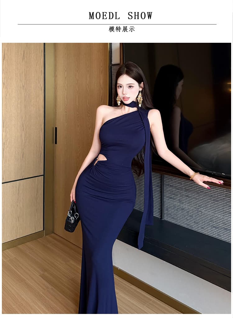 실사 품격 우아함 섹시함 비스듬한 어깨 행침 목 여성 드레스 여름 디자인 센스 리본 타이트 스커트 인어 꼬리 슬림해 보이는 롱 스커트 상세 이미지 6