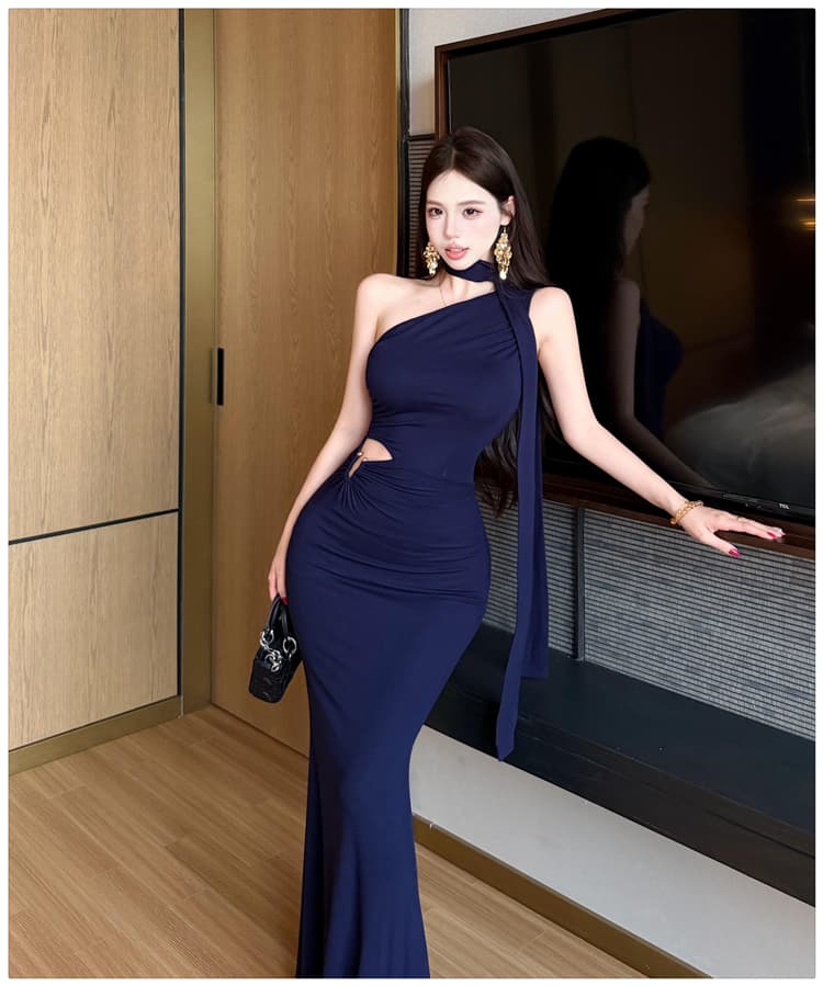 실사 품격 우아함 섹시함 비스듬한 어깨 행침 목 여성 드레스 여름 디자인 센스 리본 타이트 스커트 인어 꼬리 슬림해 보이는 롱 스커트 상세 이미지 8