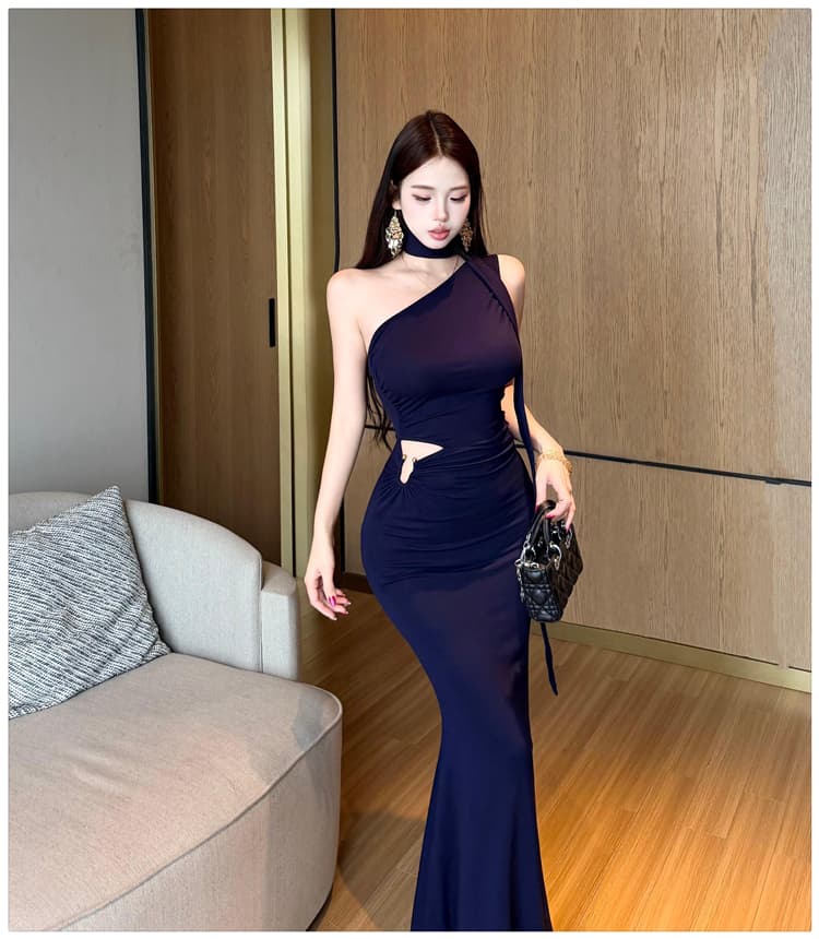 실사 품격 우아함 섹시함 비스듬한 어깨 행침 목 여성 드레스 여름 디자인 센스 리본 타이트 스커트 인어 꼬리 슬림해 보이는 롱 스커트 상세 이미지 9