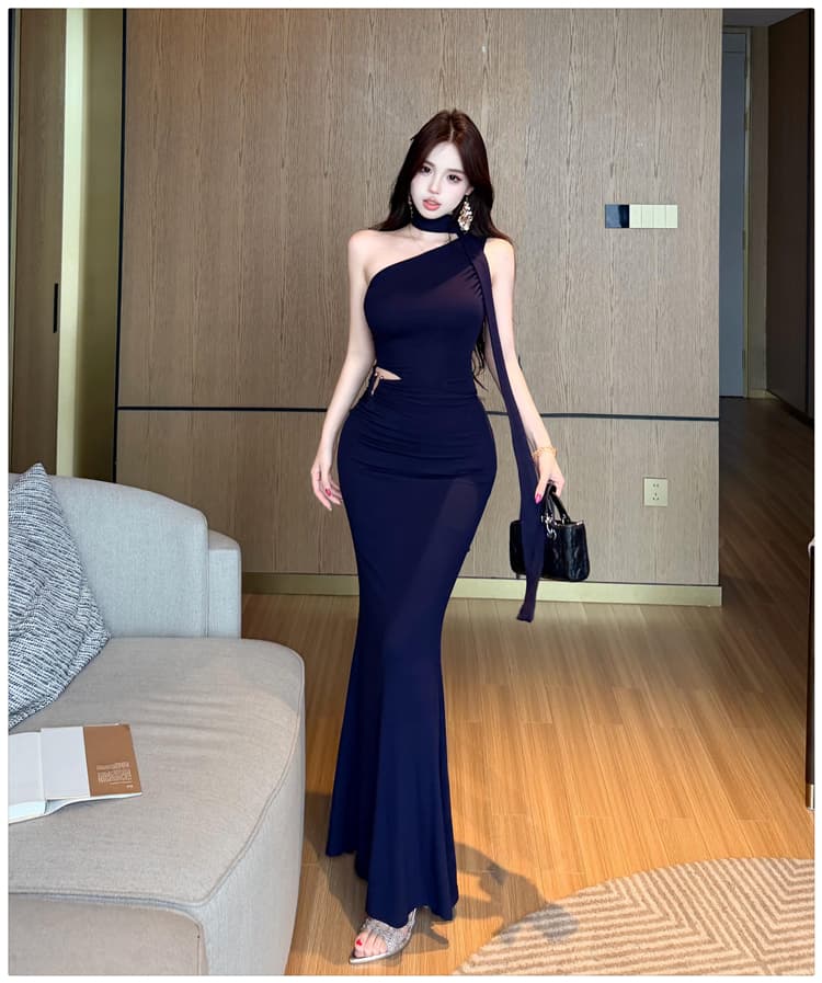 실사 품격 우아함 섹시함 비스듬한 어깨 행침 목 여성 드레스 여름 디자인 센스 리본 타이트 스커트 인어 꼬리 슬림해 보이는 롱 스커트 상세 이미지 11