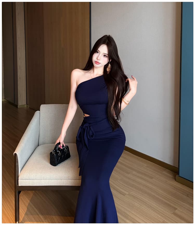 실사 품격 우아함 섹시함 비스듬한 어깨 행침 목 여성 드레스 여름 디자인 센스 리본 타이트 스커트 인어 꼬리 슬림해 보이는 롱 스커트 상세 이미지 12