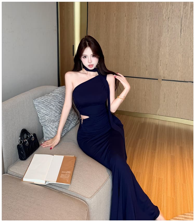 실사 품격 우아함 섹시함 비스듬한 어깨 행침 목 여성 드레스 여름 디자인 센스 리본 타이트 스커트 인어 꼬리 슬림해 보이는 롱 스커트 상세 이미지 14