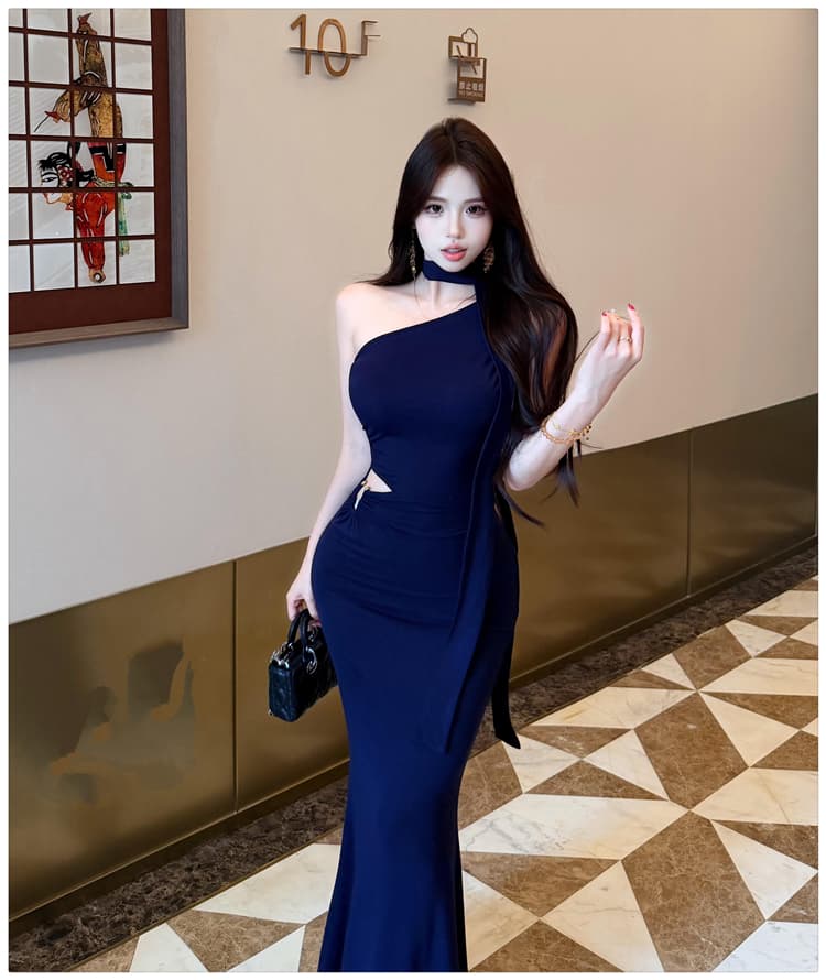 실사 품격 우아함 섹시함 비스듬한 어깨 행침 목 여성 드레스 여름 디자인 센스 리본 타이트 스커트 인어 꼬리 슬림해 보이는 롱 스커트 상세 이미지 15