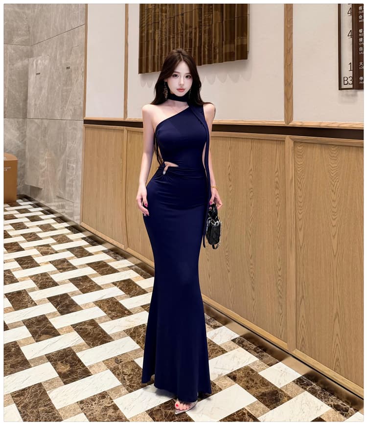 실사 품격 우아함 섹시함 비스듬한 어깨 행침 목 여성 드레스 여름 디자인 센스 리본 타이트 스커트 인어 꼬리 슬림해 보이는 롱 스커트 상세 이미지 16