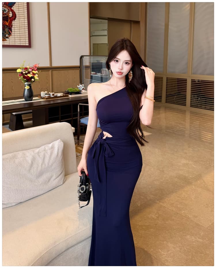 실사 품격 우아함 섹시함 비스듬한 어깨 행침 목 여성 드레스 여름 디자인 센스 리본 타이트 스커트 인어 꼬리 슬림해 보이는 롱 스커트 상세 이미지 17
