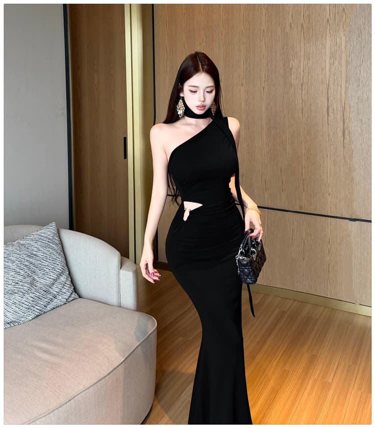 실사 품격 우아함 섹시함 비스듬한 어깨 행침 목 여성 드레스 여름 디자인 센스 리본 타이트 스커트 인어 꼬리 슬림해 보이는 롱 스커트 상세 이미지 20