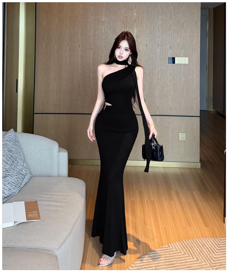 실사 품격 우아함 섹시함 비스듬한 어깨 행침 목 여성 드레스 여름 디자인 센스 리본 타이트 스커트 인어 꼬리 슬림해 보이는 롱 스커트 상세 이미지 21