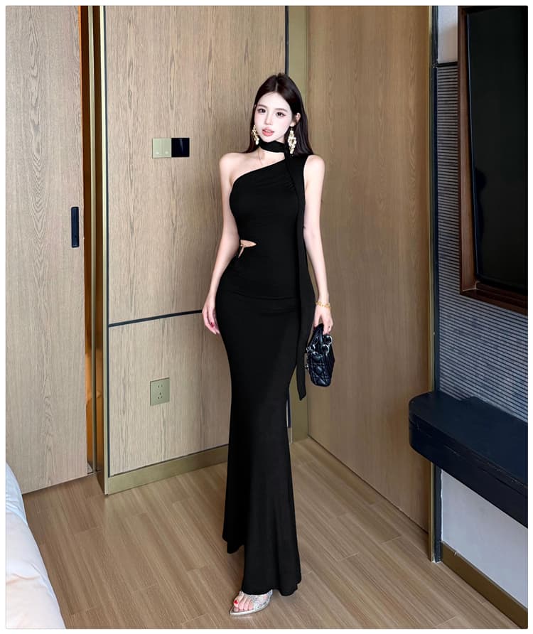 실사 품격 우아함 섹시함 비스듬한 어깨 행침 목 여성 드레스 여름 디자인 센스 리본 타이트 스커트 인어 꼬리 슬림해 보이는 롱 스커트 상세 이미지 23