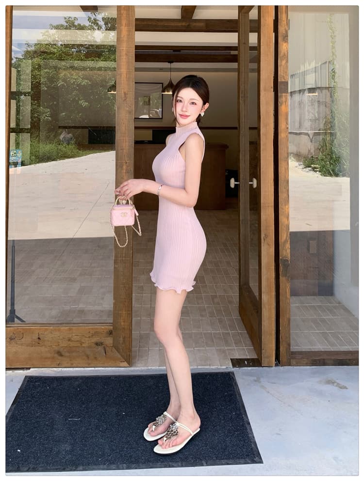 실사 순수한 욕망 핫걸 품격 핑크색 민소매 니트 여성 드레스 여름 반하이넥 몸매 가꾸기 슬림해 보이는 타이트 스커트 상세 이미지 6