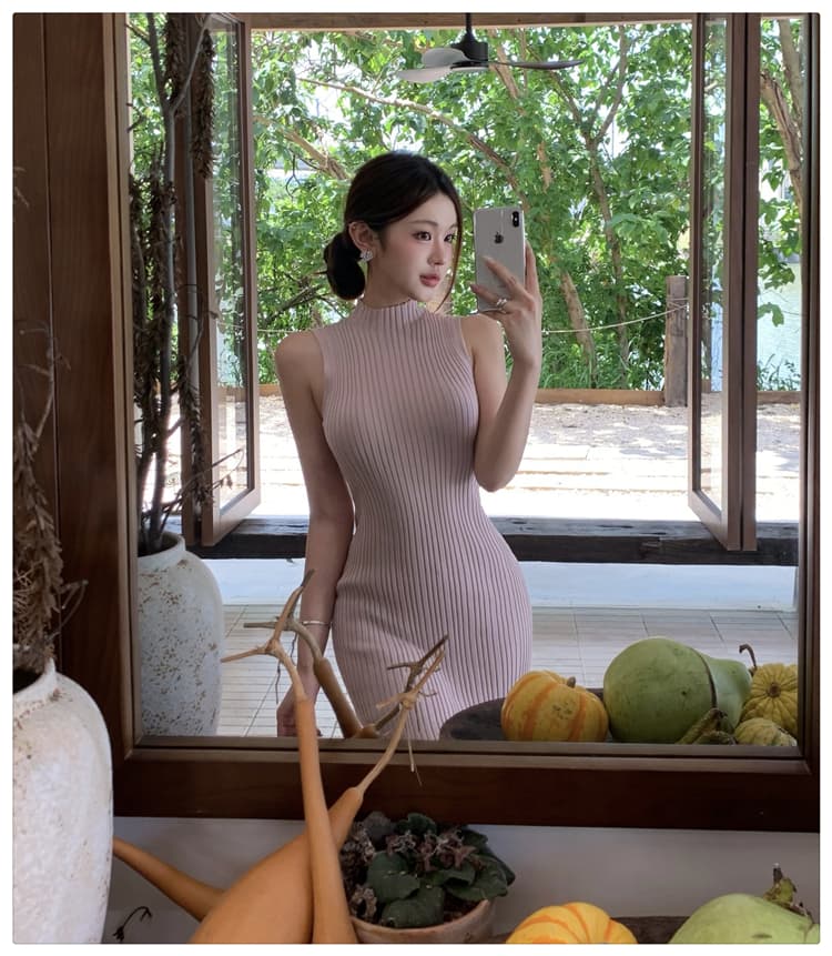 실사 순수한 욕망 핫걸 품격 핑크색 민소매 니트 여성 드레스 여름 반하이넥 몸매 가꾸기 슬림해 보이는 타이트 스커트 상세 이미지 8