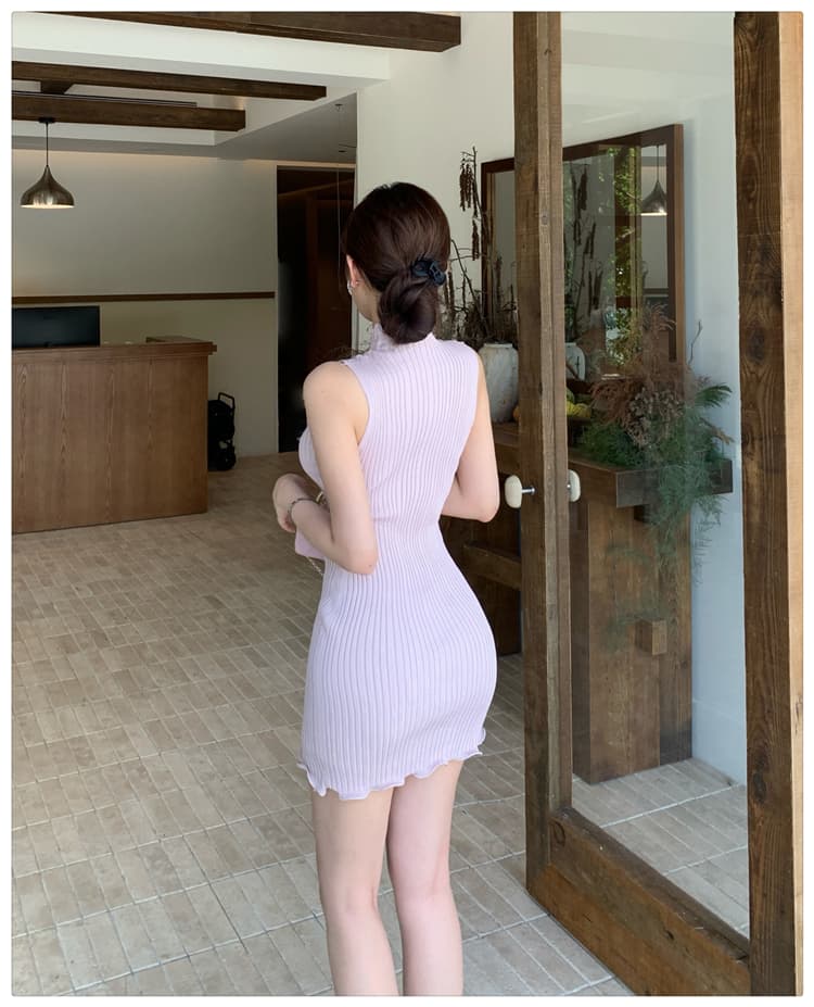 실사 순수한 욕망 핫걸 품격 핑크색 민소매 니트 여성 드레스 여름 반하이넥 몸매 가꾸기 슬림해 보이는 타이트 스커트 상세 이미지 10