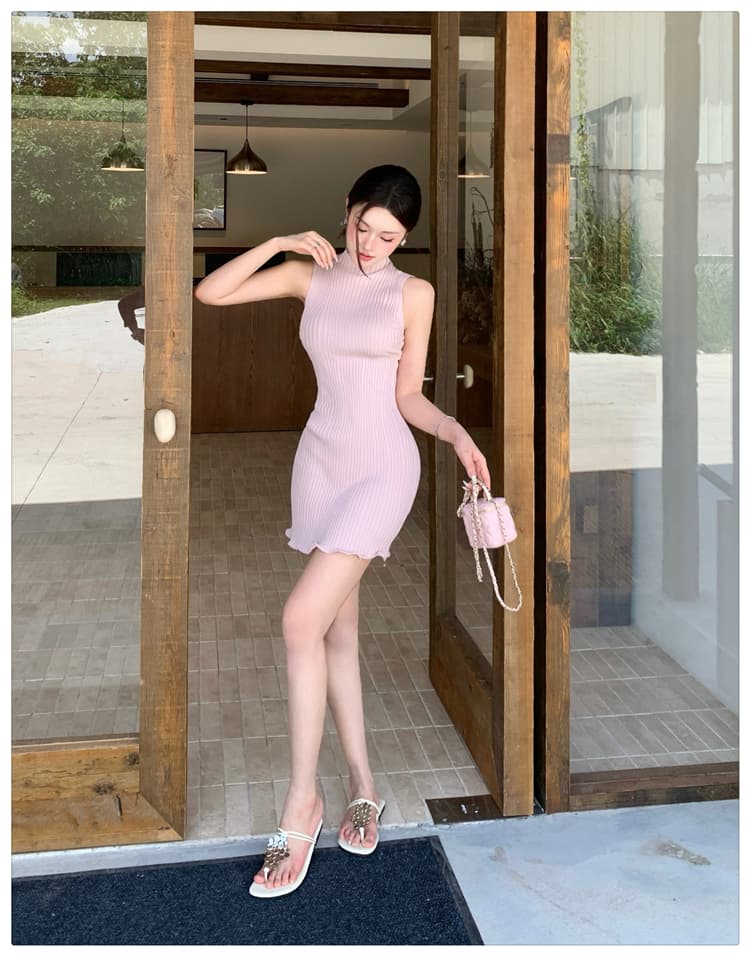 실사 순수한 욕망 핫걸 품격 핑크색 민소매 니트 여성 드레스 여름 반하이넥 몸매 가꾸기 슬림해 보이는 타이트 스커트 상세 이미지 11