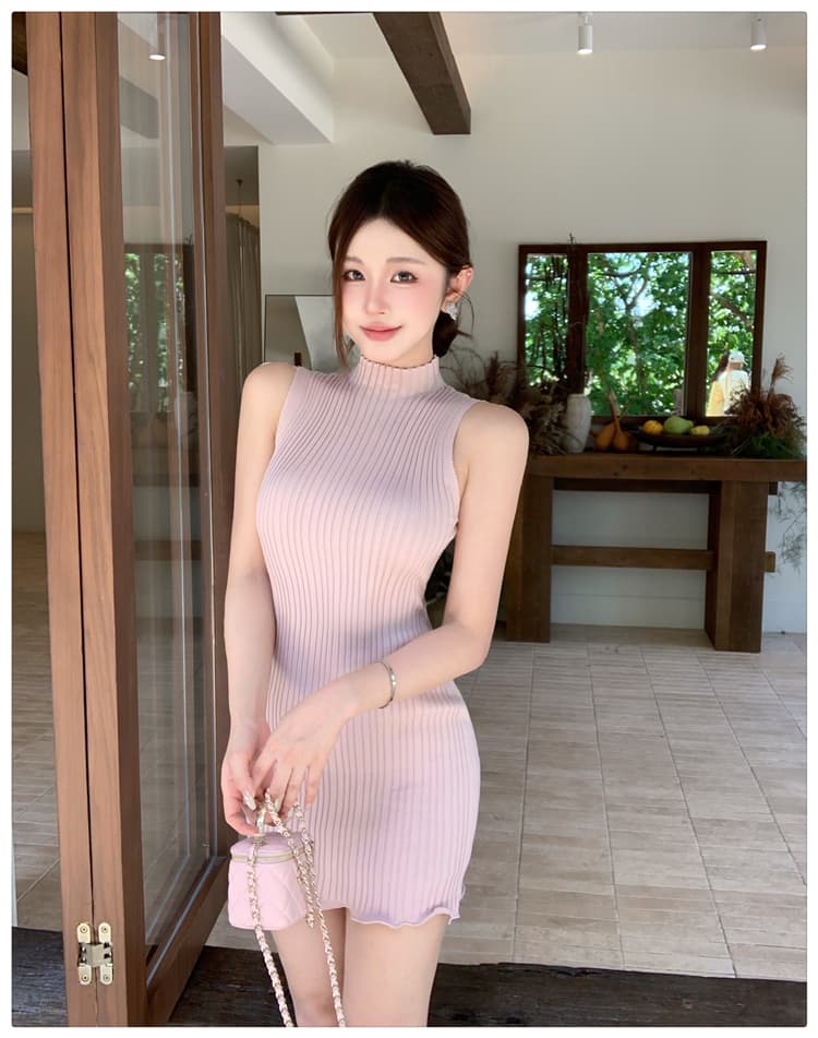 실사 순수한 욕망 핫걸 품격 핑크색 민소매 니트 여성 드레스 여름 반하이넥 몸매 가꾸기 슬림해 보이는 타이트 스커트 상세 이미지 19