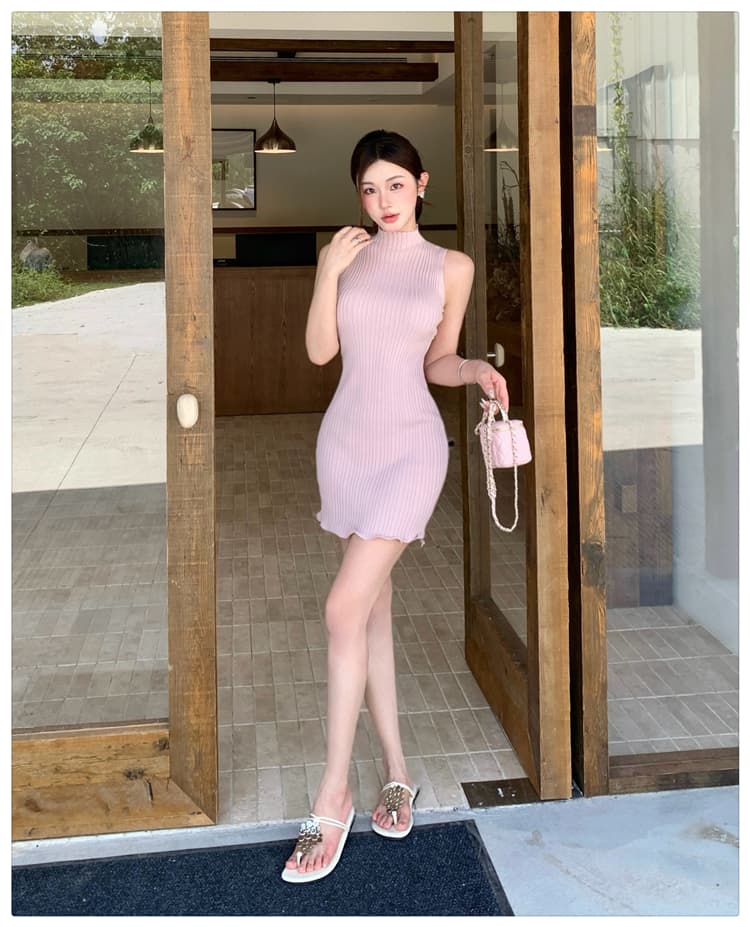 실사 순수한 욕망 핫걸 품격 핑크색 민소매 니트 여성 드레스 여름 반하이넥 몸매 가꾸기 슬림해 보이는 타이트 스커트 상세 이미지 23