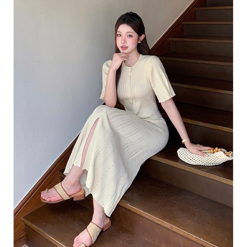 실사 한국 고급 센스 품격 행 구두 라운드 넥 여성 드레스 여름 허리 수축 슬림해 보이는 우아함 홀로우 아웃 니트 원피스 이미지 2