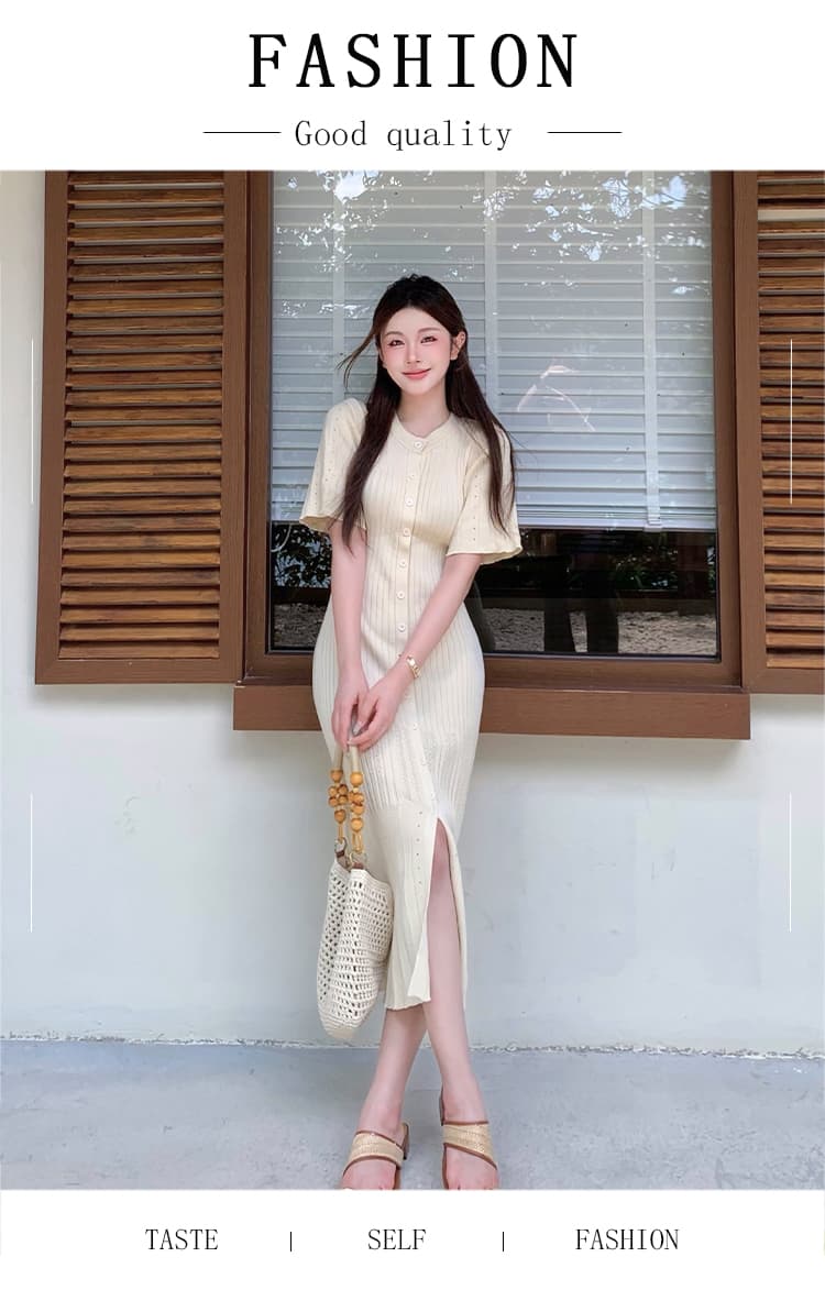 실사 한국 고급 센스 품격 행 구두 라운드 넥 여성 드레스 여름 허리 수축 슬림해 보이는 우아함 홀로우 아웃 니트 원피스 상세 이미지 1