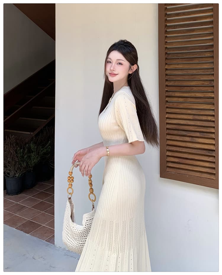 실사 한국 고급 센스 품격 행 구두 라운드 넥 여성 드레스 여름 허리 수축 슬림해 보이는 우아함 홀로우 아웃 니트 원피스 상세 이미지 8