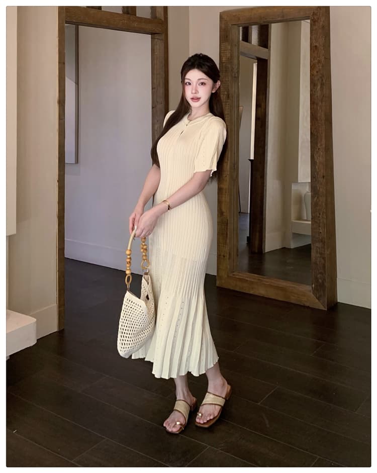 실사 한국 고급 센스 품격 행 구두 라운드 넥 여성 드레스 여름 허리 수축 슬림해 보이는 우아함 홀로우 아웃 니트 원피스 상세 이미지 11