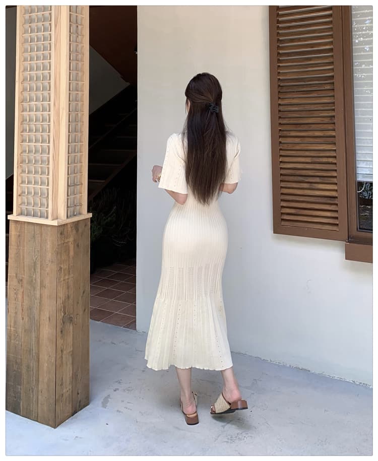 실사 한국 고급 센스 품격 행 구두 라운드 넥 여성 드레스 여름 허리 수축 슬림해 보이는 우아함 홀로우 아웃 니트 원피스 상세 이미지 12