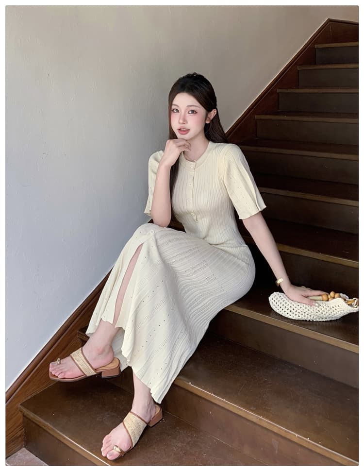 실사 한국 고급 센스 품격 행 구두 라운드 넥 여성 드레스 여름 허리 수축 슬림해 보이는 우아함 홀로우 아웃 니트 원피스 상세 이미지 15