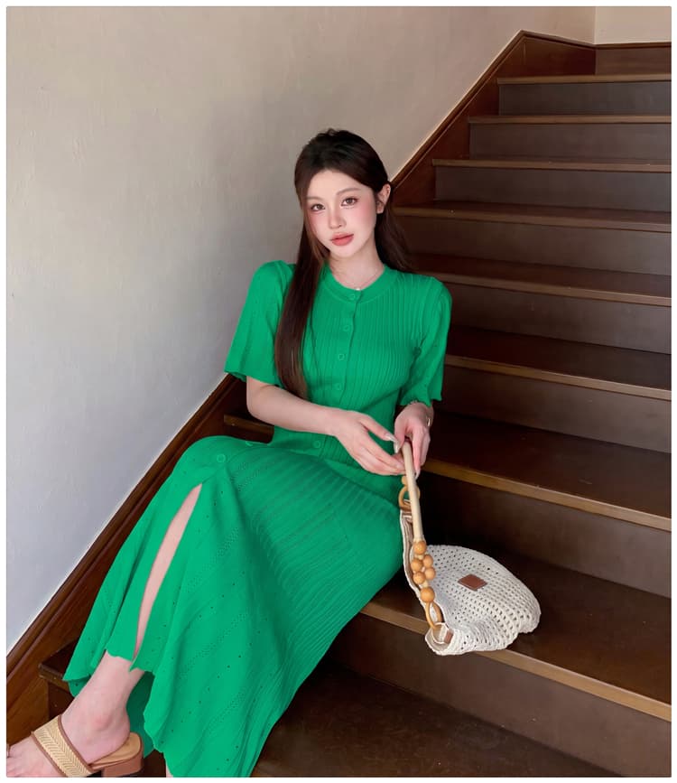 실사 한국 고급 센스 품격 행 구두 라운드 넥 여성 드레스 여름 허리 수축 슬림해 보이는 우아함 홀로우 아웃 니트 원피스 상세 이미지 26