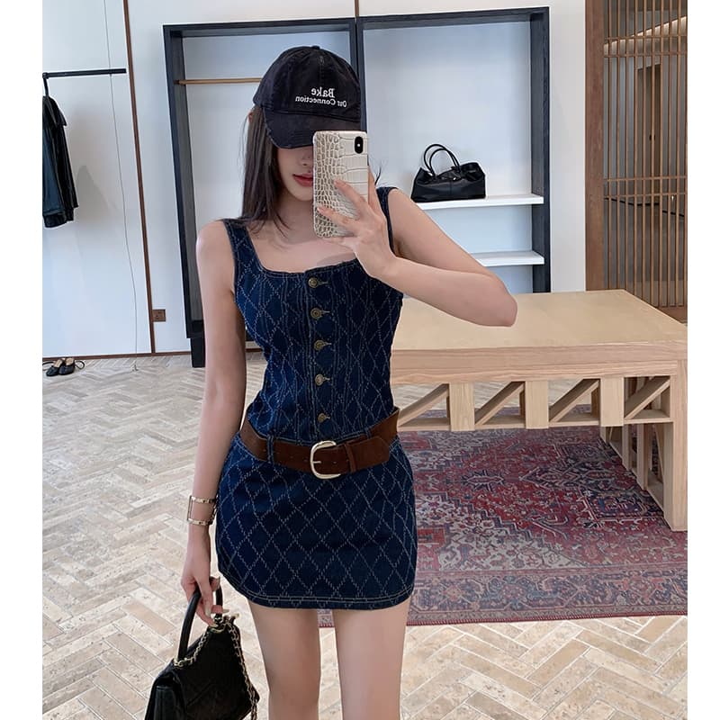 실사 파란색 체크무늬 데님 슬립 여성 드레스 여름 작은 키 섹시함 순수한 욕망 아름다운 몸매 가꾸기 타이트 스커트 미니 스커트 이미지 3