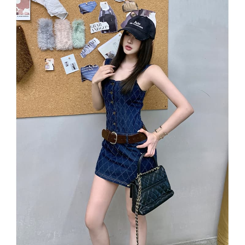 실사 파란색 체크무늬 데님 슬립 여성 드레스 여름 작은 키 섹시함 순수한 욕망 아름다운 몸매 가꾸기 타이트 스커트 미니 스커트 이미지 6