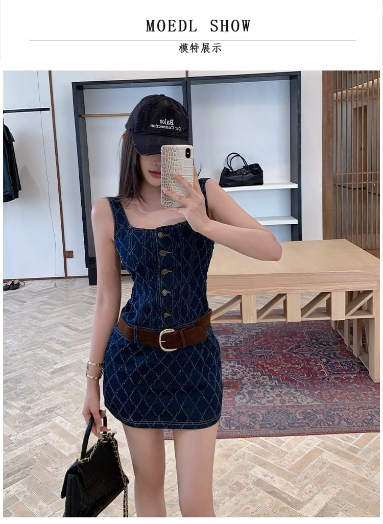 실사 파란색 체크무늬 데님 슬립 여성 드레스 여름 작은 키 섹시함 순수한 욕망 아름다운 몸매 가꾸기 타이트 스커트 미니 스커트 상세 이미지 5